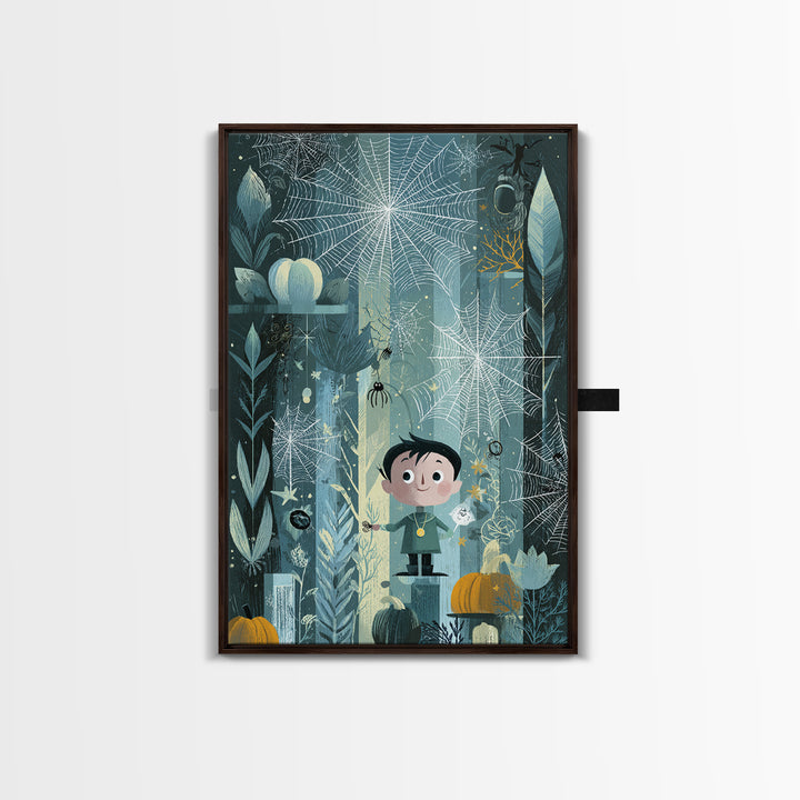 The Great Cobweb Knitting Contest, Retro Halloween Art, Vertical Wall Art, Canvas Print, Cute Halloween Wall Art