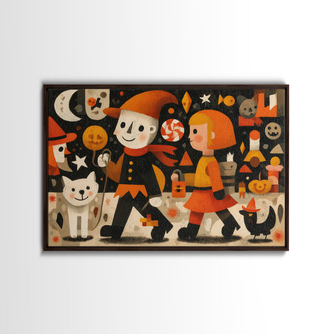 The Halloween Pet Parade, Screenprint Halloween Art, Landscape Wall Art, Framed Canvas Print, Cute Halloween Wall Art