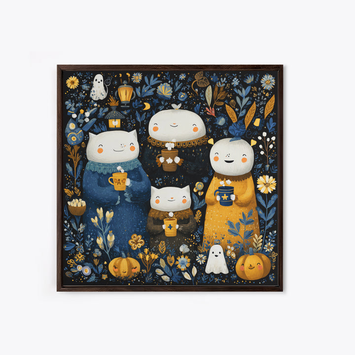 The Midnight Cocoa Party, Folk Halloween Art, Square Wall Art, Canvas Print, Cute Halloween Wall Art