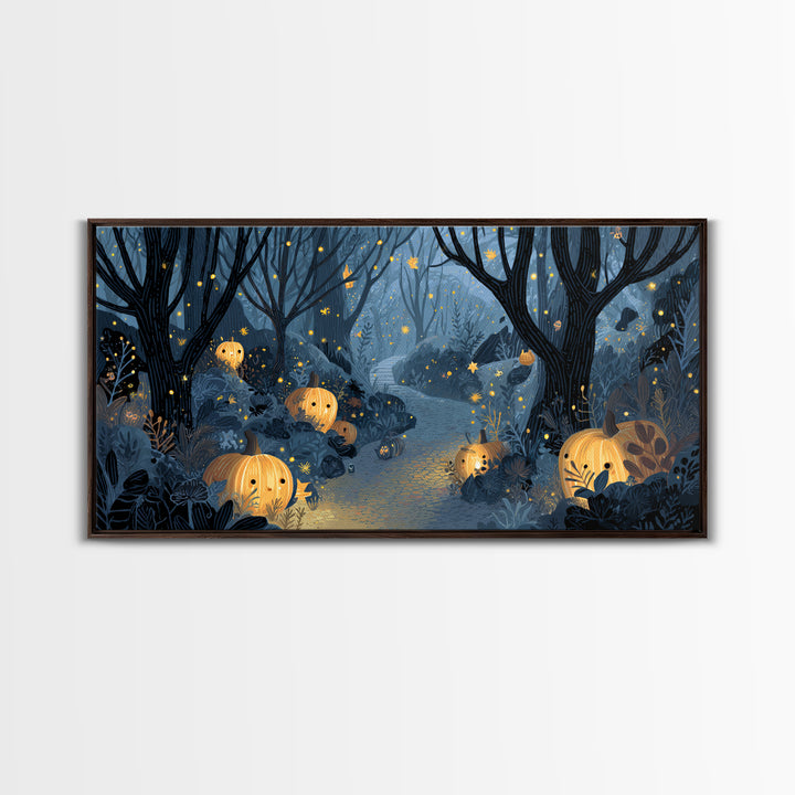 The Firefly Lantern Forest, Linocut Halloween Art, Wide Panoramic Art, Framed Canvas Print, Cute Halloween Wall Art