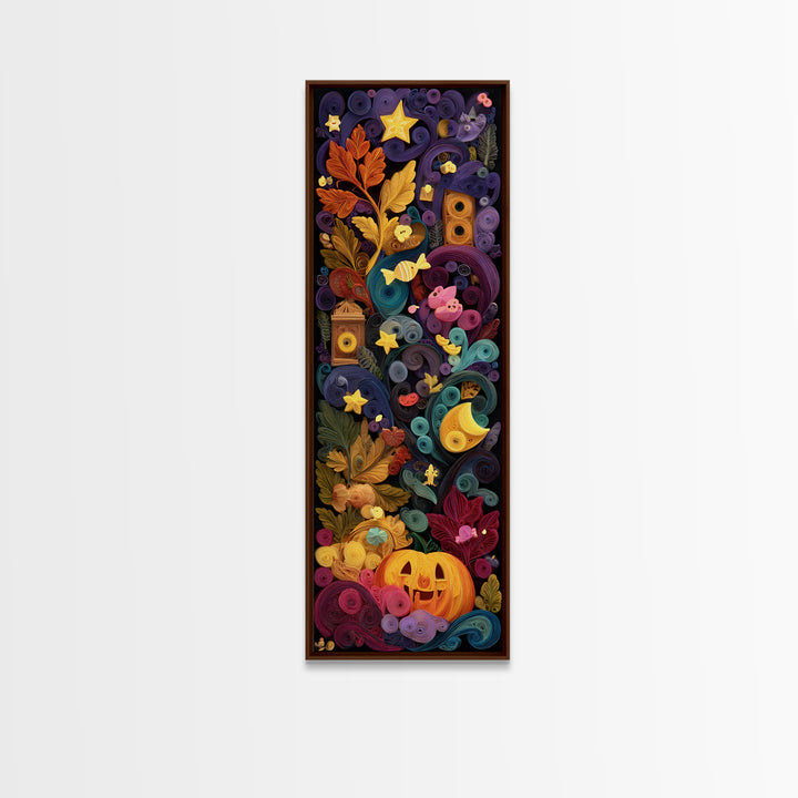 The Dancing Autumn Leaves, Quilled Halloween Art, Tall Narrow Wall Art, Framed Canvas Print, Cute Halloween Wall Art