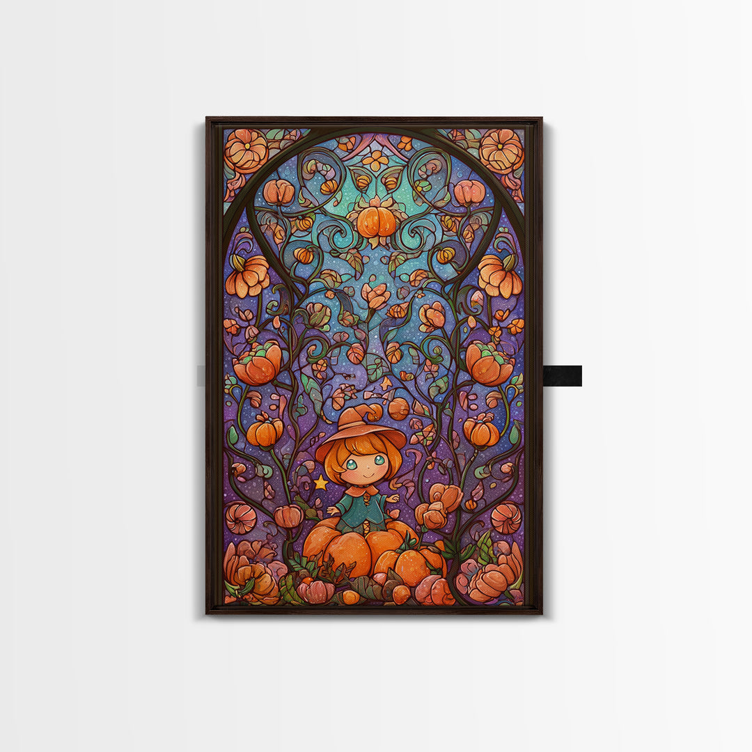 The Pumpkin Flower Garden, Stained Glass Halloween, Vertical Wall Art, Canvas Print, Cute Halloween Wall Art