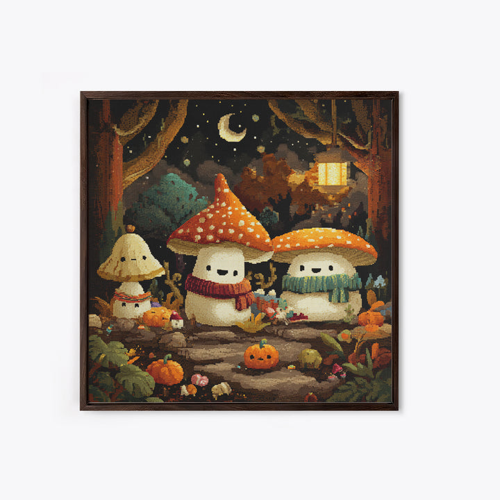 The Friendly Mushroom Forest, Pixel Halloween Art, Square Wall Art, Canvas Print, Cute Halloween Wall Art