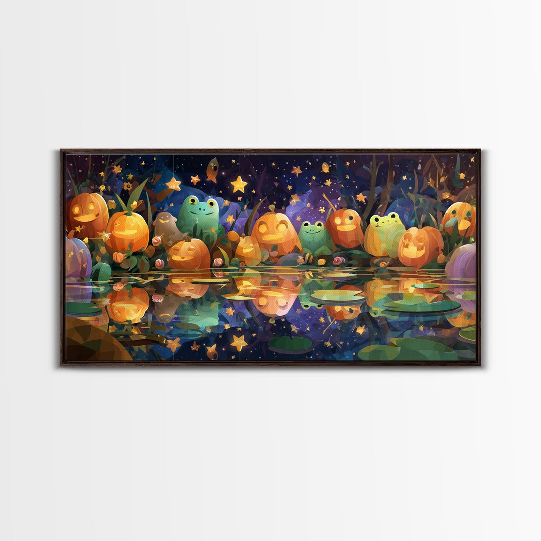 The Star-Filled Pumpkin Pond, Vector Halloween Art, Wide Panoramic Art, Framed Canvas Print, Cute Halloween Wall Art