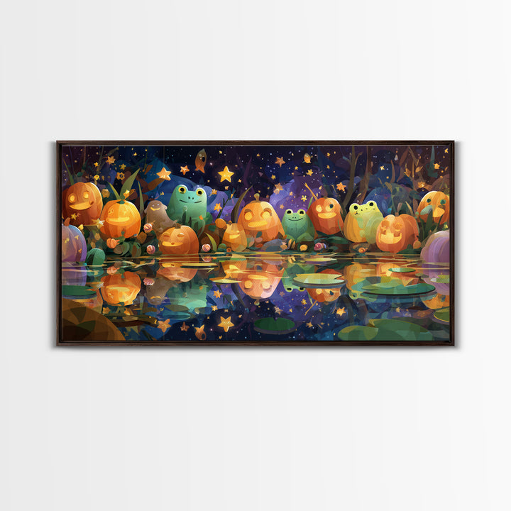 The Star-Filled Pumpkin Pond, Vector Halloween Art, Wide Panoramic Art, Framed Canvas Print, Cute Halloween Wall Art