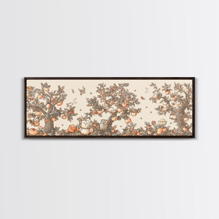 The Sleepy Owl Orchard, Hand Sketch Halloween Art, Extra Wide Wall Art, Canvas Print, Cute Halloween Wall Art