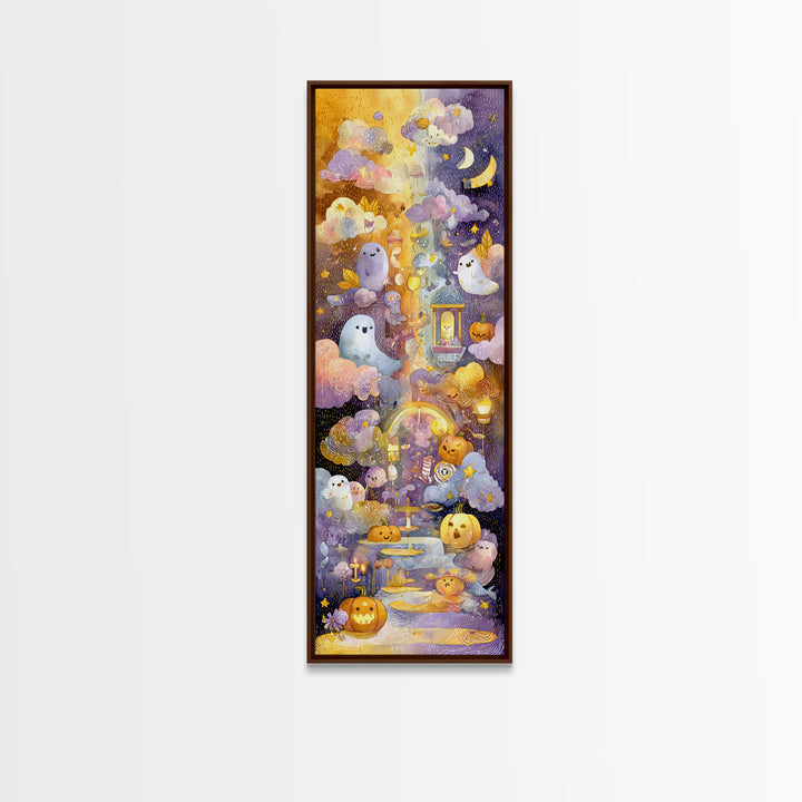 The Rainbow After The Halloween Rain, Watercolor Halloween Art, Tall Narrow Wall Art, Framed Canvas Print, Cute Halloween Wall Art