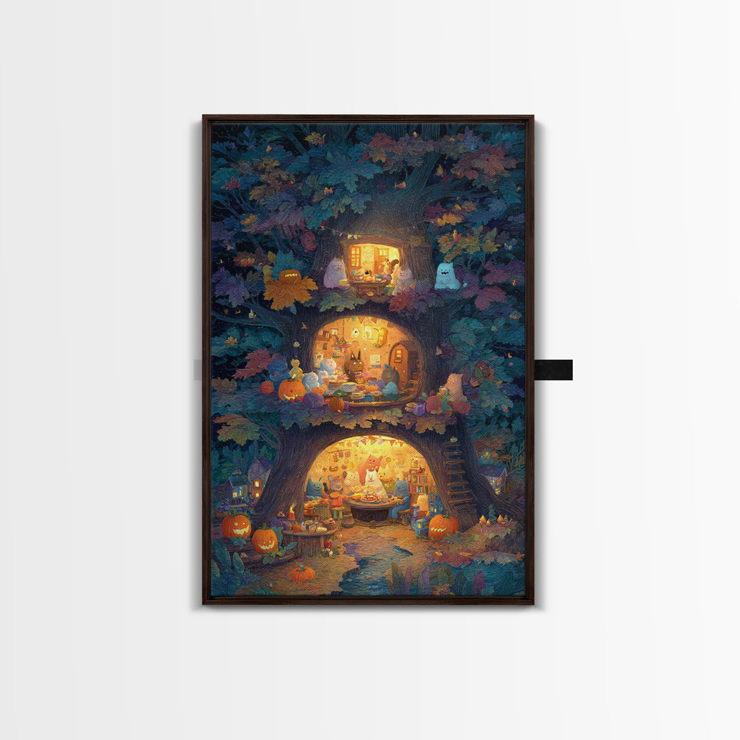 The Cozy Hollow Tree, Gouache Halloween Art, Vertical Wall Art, Canvas Print, Cute Halloween Wall Art