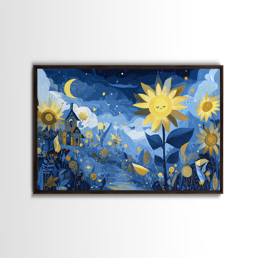 The Singing Sunflowers At Midnight, Crayon Halloween Art, Landscape Wall Art, Framed Canvas Print, Cute Halloween Wall Art