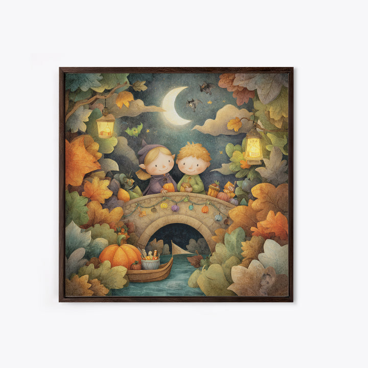 The Autumn Fairy Bridge, Pastel Halloween Art, Square Wall Art, Canvas Print, Cute Halloween Wall Art