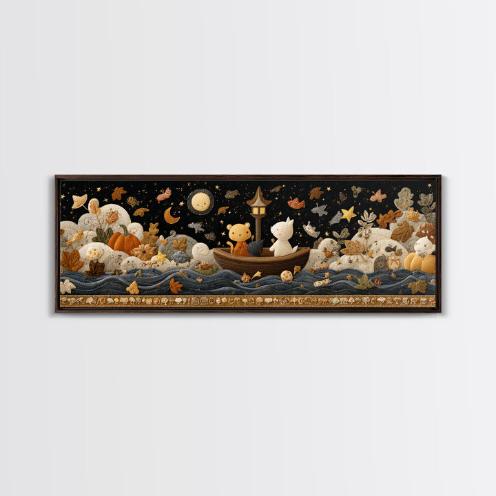 The Golden Leaf River, Felt Halloween Art, Extra Wide Wall Art, Canvas Print, Cute Halloween Wall Art