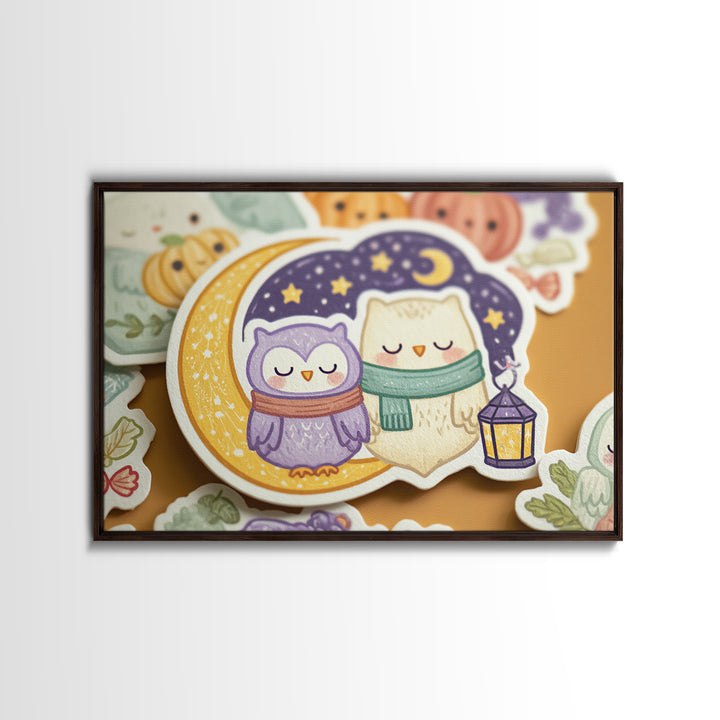 The Owl And The Crescent Moon, Kawaii Halloween Art, Landscape Wall Art, Framed Canvas Print, Cute Halloween Wall Art