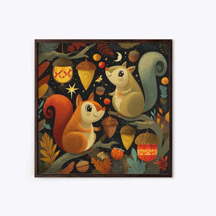 The Acorn Lantern Festival, Retro Halloween Art, Square Wall Art, Canvas Print, Cute Halloween Wall Art