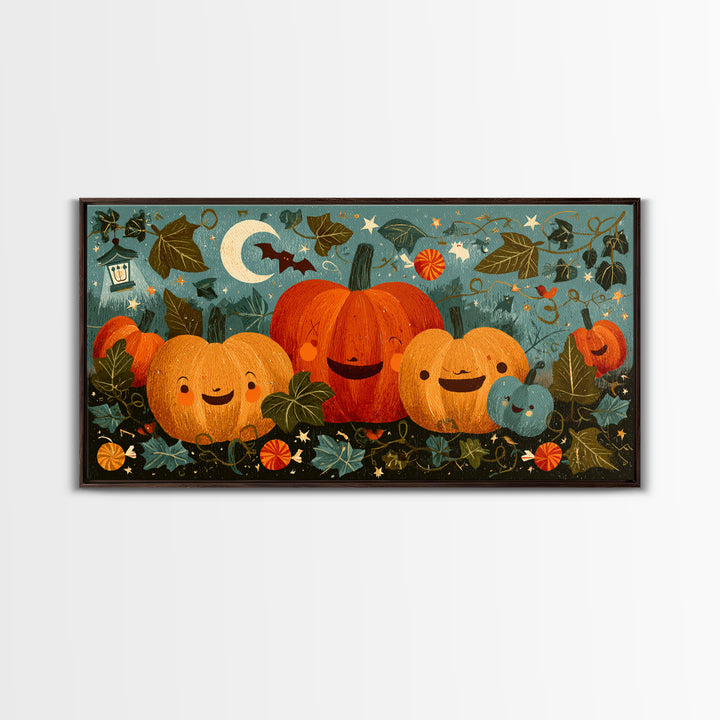 The Singing Pumpkin Patch, Screenprint Halloween Art, Wide Panoramic Art, Framed Canvas Print, Cute Halloween Wall Art