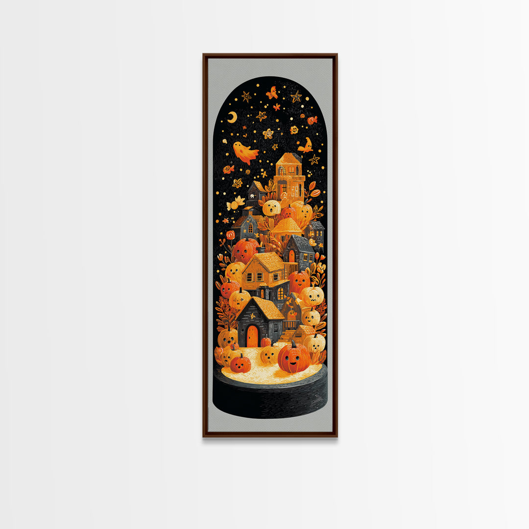 Halloween Inside A Snow Globe, Linocut Halloween Art, Tall Narrow Wall Art, Framed Canvas Print, Cute Halloween Wall Art