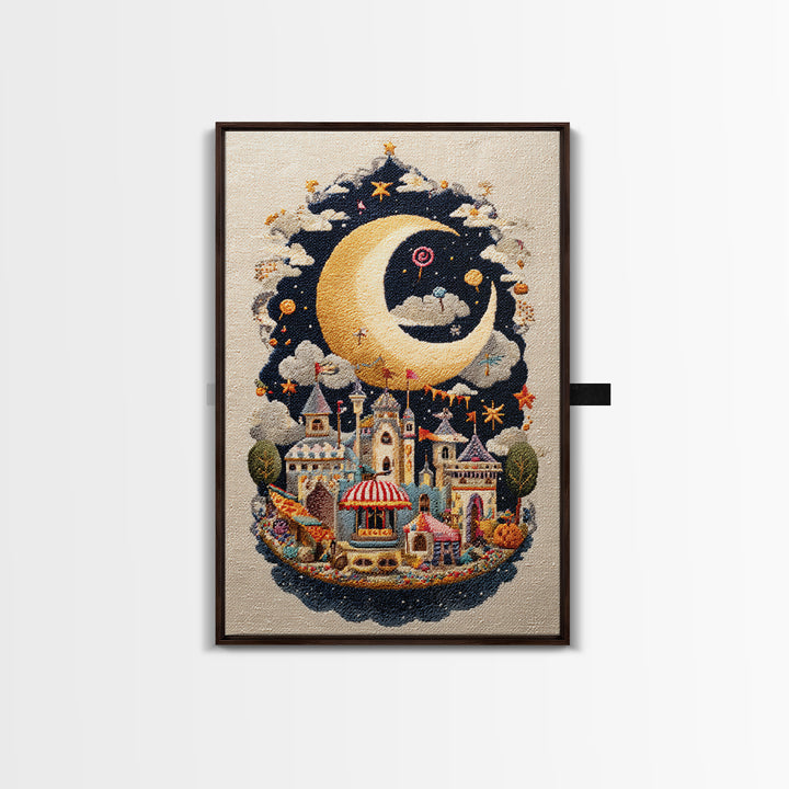 The Tiny Moon Carnival, Embroidered Halloween Art, Vertical Wall Art, Canvas Print, Cute Halloween Wall Art