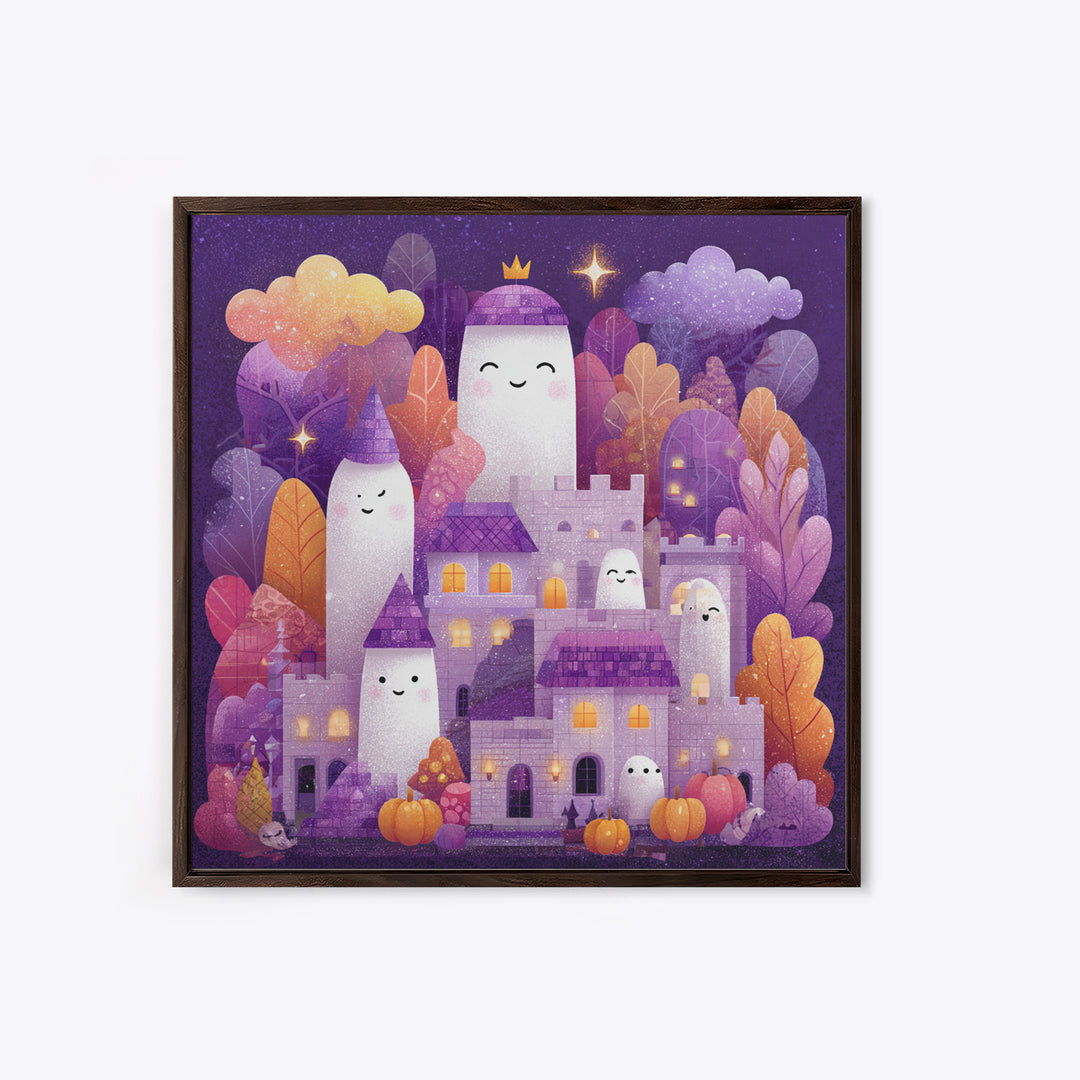 The Halloween Cloud Castle, Stained Glass Halloween, Square Wall Art, Canvas Print, Cute Halloween Wall Art