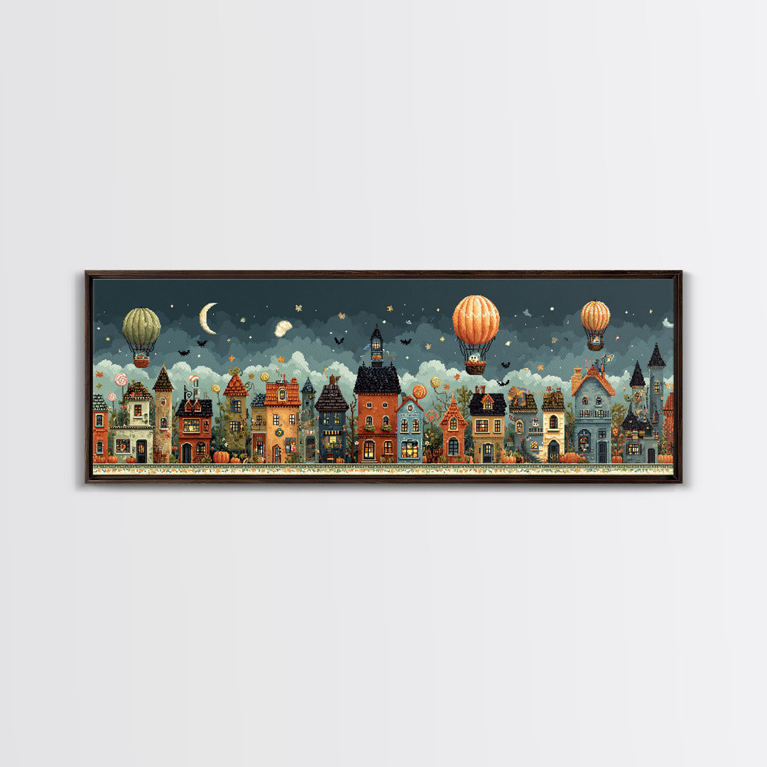 The Ghost Balloon City, Pixel Halloween Art, Extra Wide Wall Art, Canvas Print, Cute Halloween Wall Art