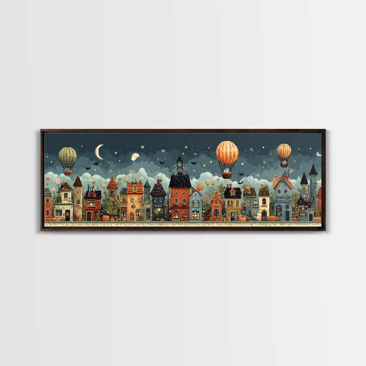 The Ghost Balloon City, Pixel Halloween Art, Extra Wide Wall Art, Canvas Print, Cute Halloween Wall Art