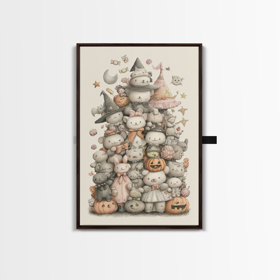 The Halloween Toy Kingdom, Hand Sketch Halloween Art, Vertical Wall Art, Canvas Print, Cute Halloween Wall Art