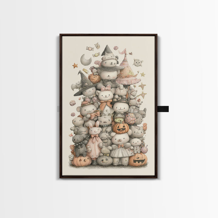The Halloween Toy Kingdom, Hand Sketch Halloween Art, Vertical Wall Art, Canvas Print, Cute Halloween Wall Art