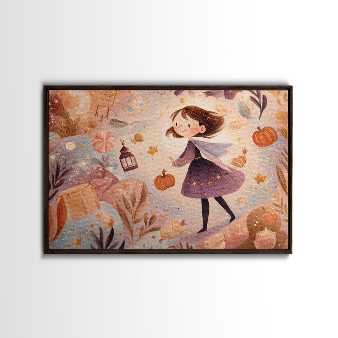 The Magical Costume Workshop, Watercolor Halloween Art, Landscape Wall Art, Framed Canvas Print, Cute Halloween Wall Art