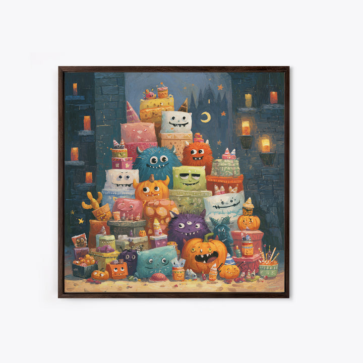 The Great Monster Pajama Party, Gouache Halloween Art, Square Wall Art, Canvas Print, Cute Halloween Wall Art