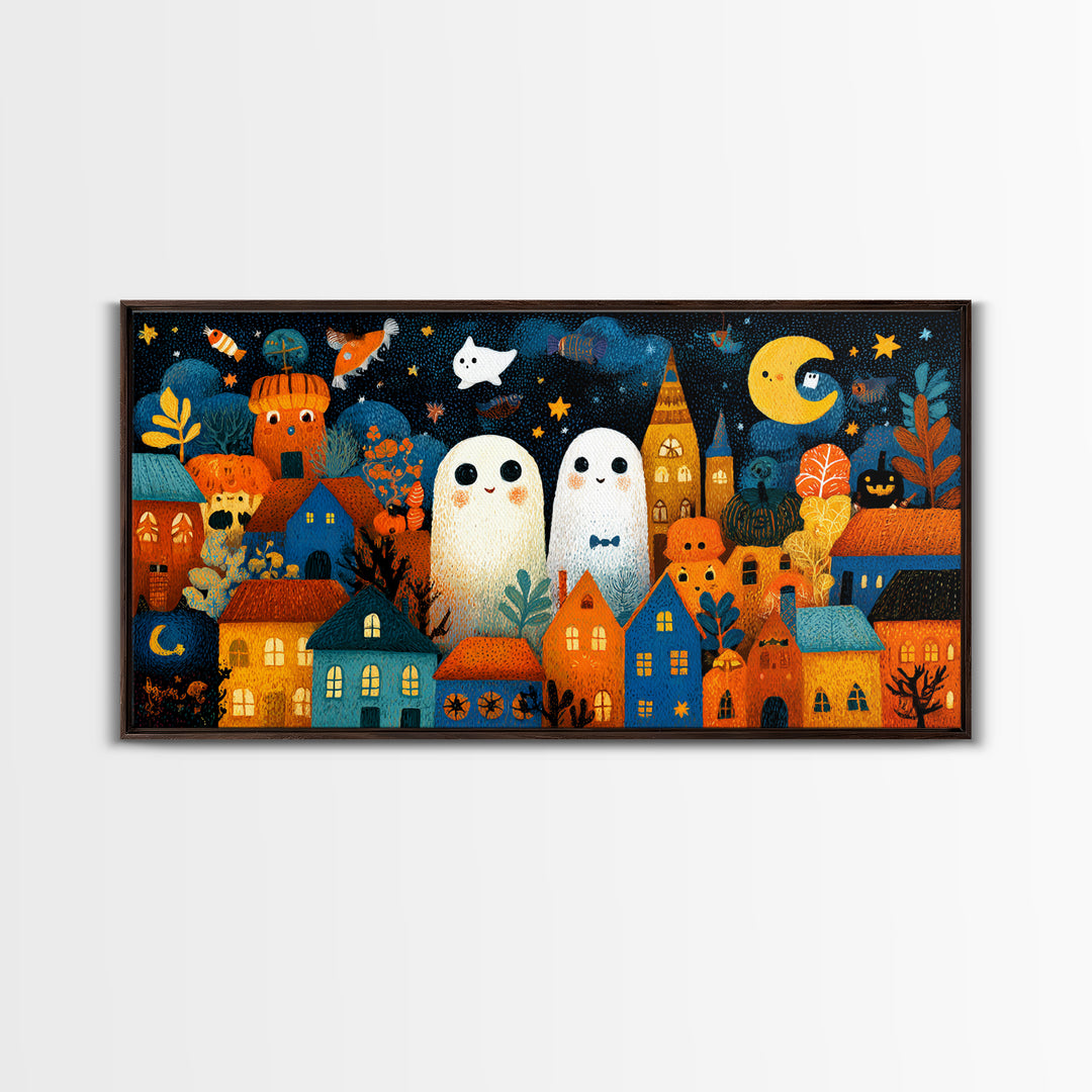 The Rainbow Halloween Night, Crayon Halloween Art, Wide Panoramic Art, Framed Canvas Print, Cute Halloween Wall Art