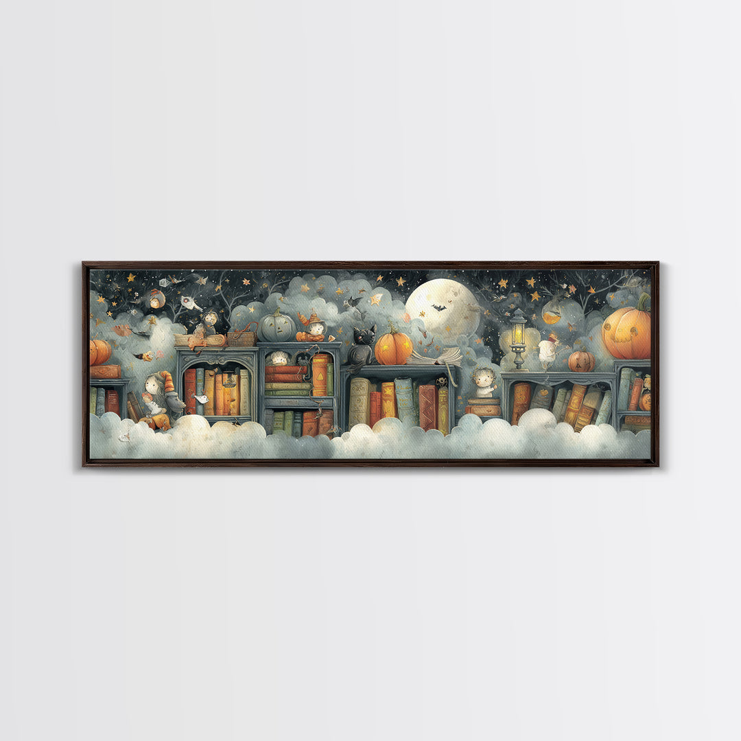 The Enchanted Halloween Library, Pastel Halloween Art, Extra Wide Wall Art, Canvas Print, Cute Halloween Wall Art