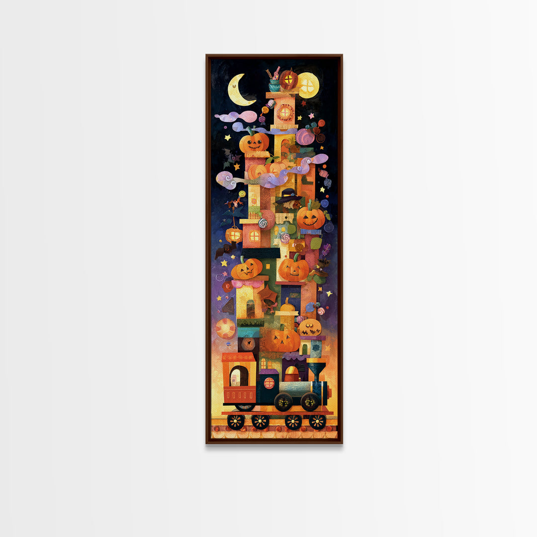 The Trick-Or-Treat Express, Paper Collage Halloween, Tall Narrow Wall Art, Framed Canvas Print, Cute Halloween Wall Art