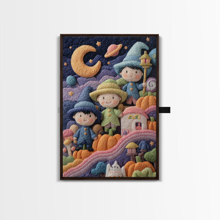 The Parade Across The Stars, Felt Halloween Art, Vertical Wall Art, Canvas Print, Cute Halloween Wall Art
