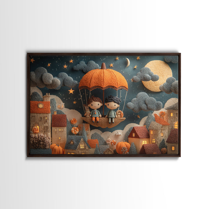 The Enchanted Umbrella Adventure, Clay Halloween Art, Landscape Wall Art, Framed Canvas Print, Cute Halloween Wall Art