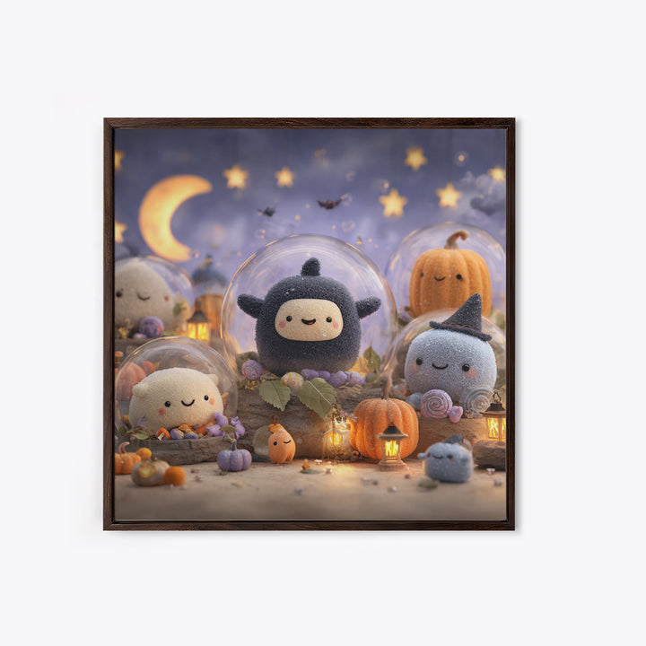 The Halloween Bubble Village, Plush Halloween Art, Square Wall Art, Canvas Print, Cute Halloween Wall Art