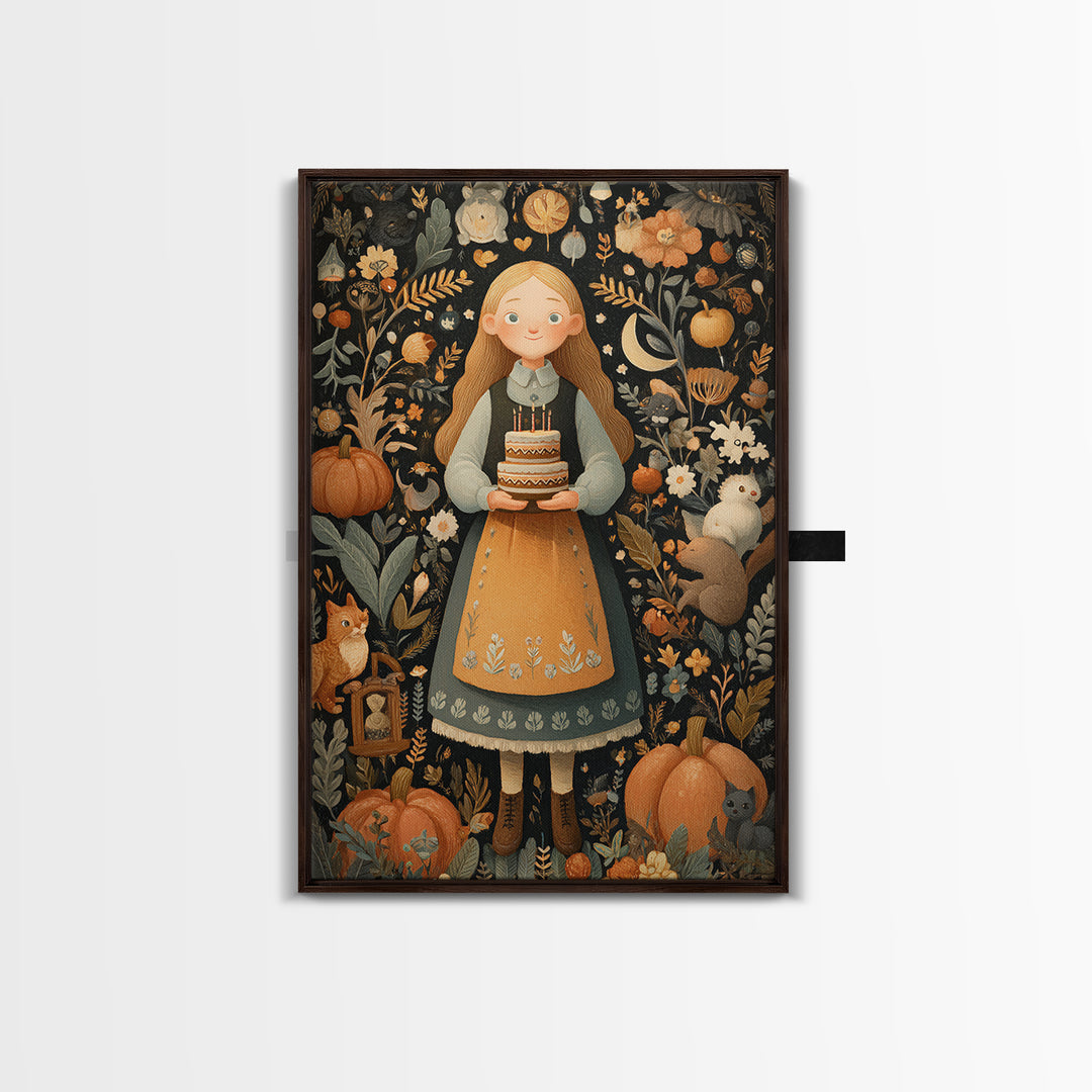 October'S Birthday Party, Folk Halloween Art, Vertical Wall Art, Canvas Print, Cute Halloween Wall Art