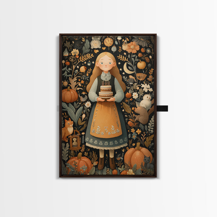 October'S Birthday Party, Folk Halloween Art, Vertical Wall Art, Canvas Print, Cute Halloween Wall Art