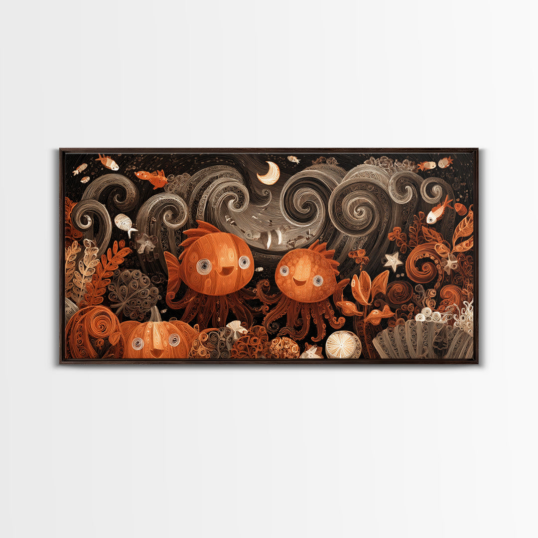 The Choir Of Deepwater Acolytes, Quilled Halloween Art, Wide Panoramic Art, Framed Canvas Print, Cute Halloween Wall Art