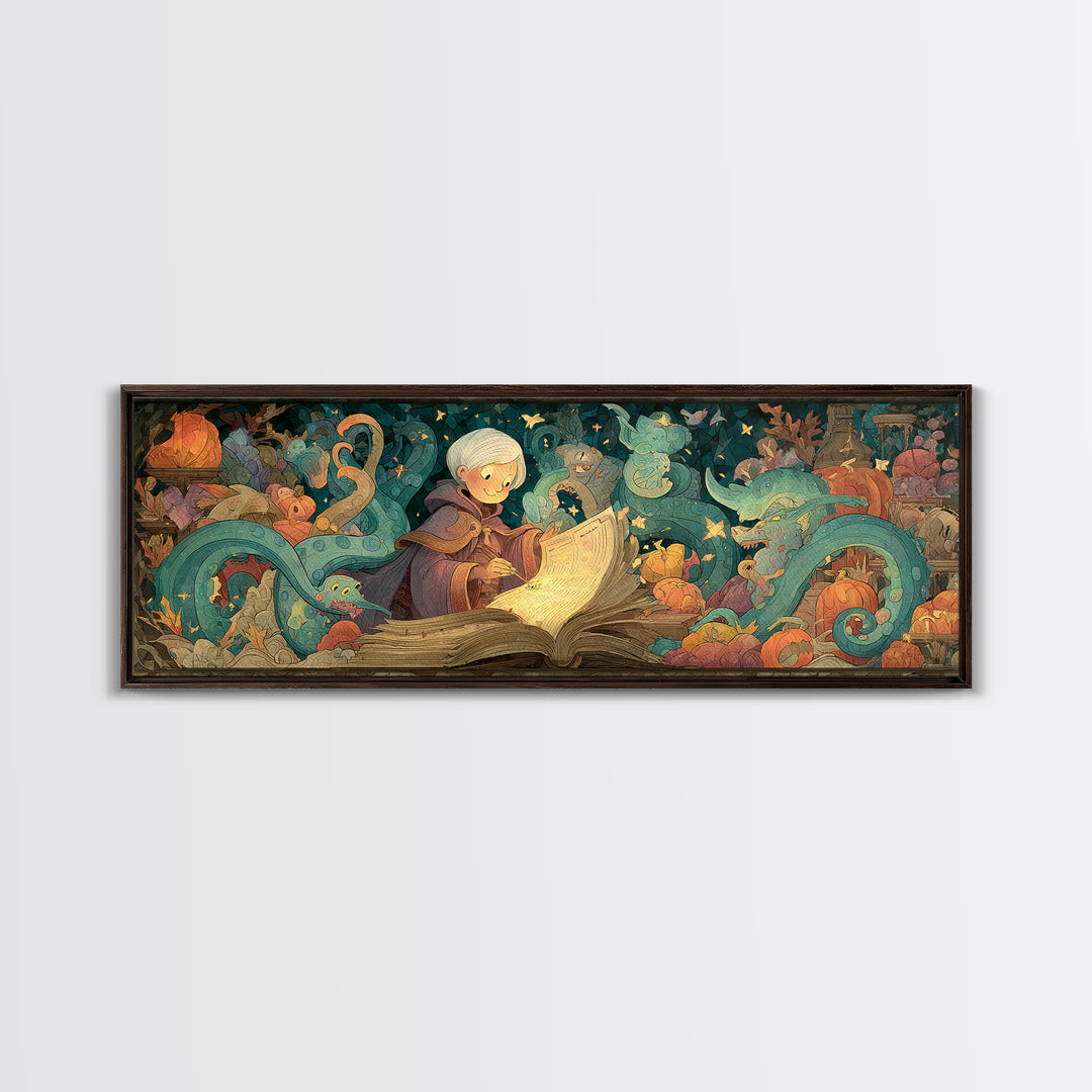 The Librarian Of Forbidden Tides, Stained Glass Halloween, Extra Wide Wall Art, Canvas Print, Cute Halloween Wall Art