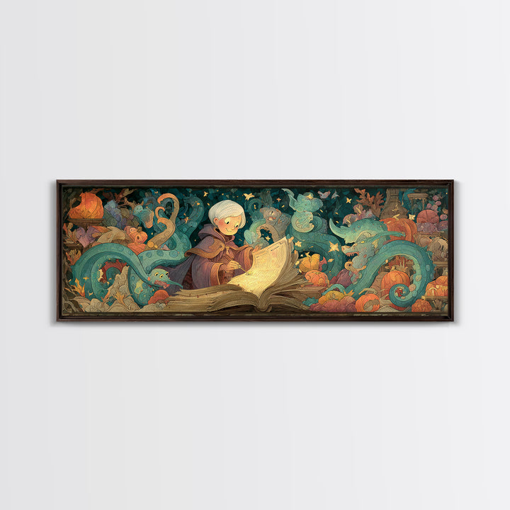 The Librarian Of Forbidden Tides, Stained Glass Halloween, Extra Wide Wall Art, Canvas Print, Cute Halloween Wall Art