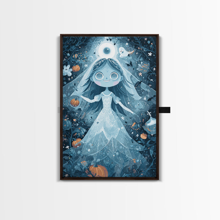 The Bride Of The Abyssal Moon, Pixel Halloween Art, Vertical Wall Art, Canvas Print, Cute Halloween Wall Art