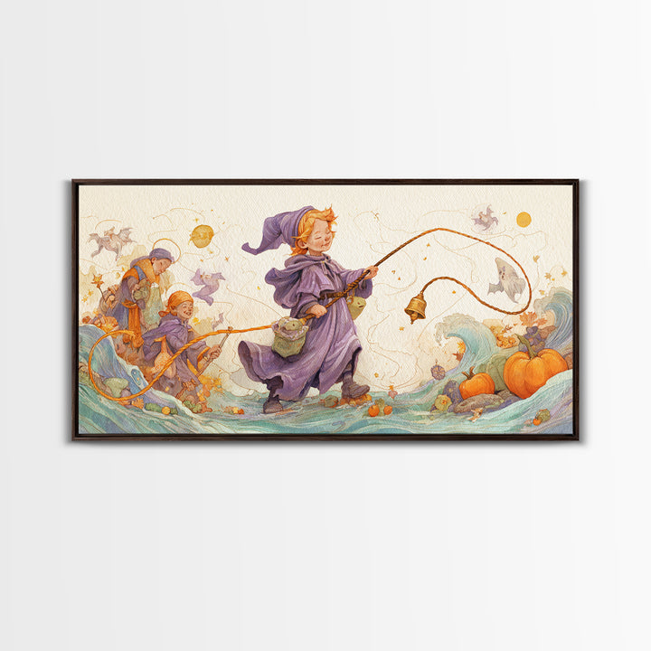 The Bellringer Of The Sunken Cathedral, Watercolor Halloween Art, Wide Panoramic Art, Framed Canvas Print, Cute Halloween Wall Art