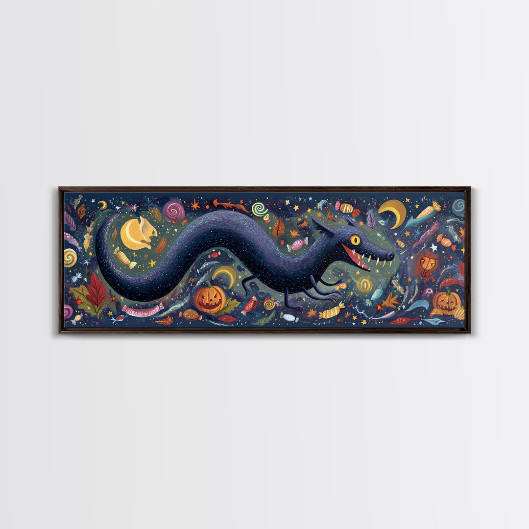 The Crawler Beneath The Floor Of Stars, Gouache Halloween Art, Extra Wide Wall Art, Canvas Print, Cute Halloween Wall Art