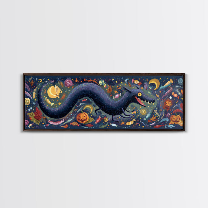 The Crawler Beneath The Floor Of Stars, Gouache Halloween Art, Extra Wide Wall Art, Canvas Print, Cute Halloween Wall Art