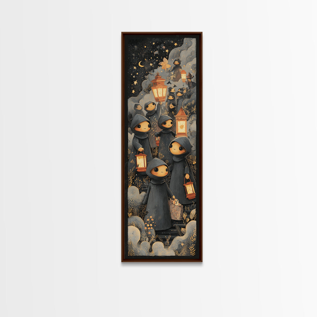The Innsmouth Lantern Procession, Crayon Halloween Art, Tall Narrow Wall Art, Framed Canvas Print, Cute Halloween Wall Art