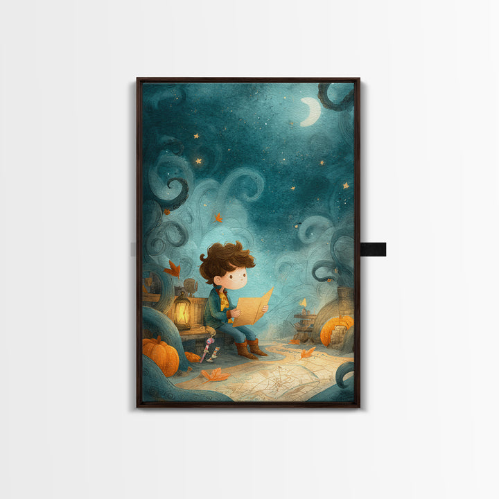 The Mapmaker Of Impossible Shores, Pastel Halloween Art, Vertical Wall Art, Canvas Print, Cute Halloween Wall Art