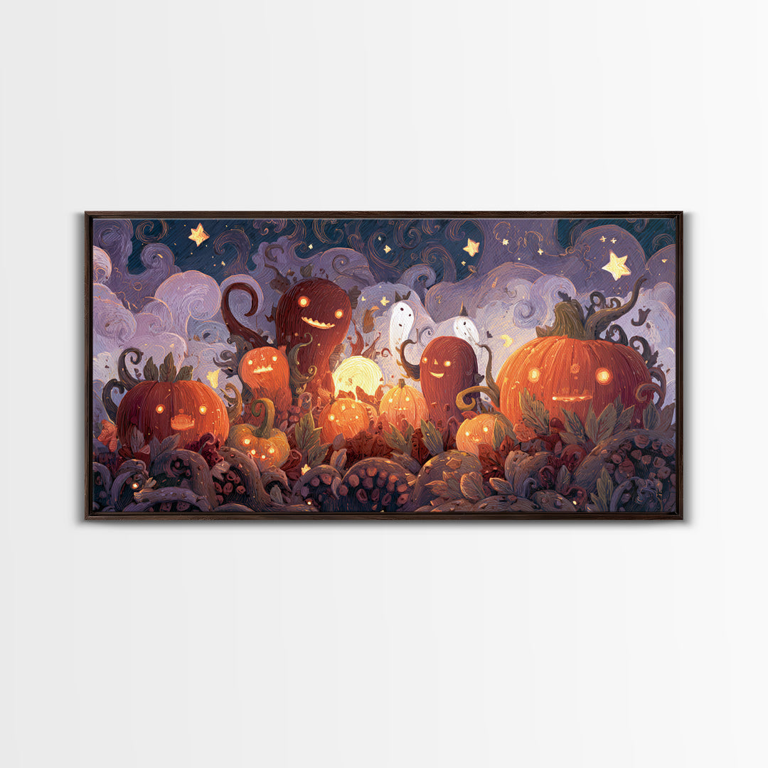The Harvest Of The Eldritch Field, Clay Halloween Art, Wide Panoramic Art, Framed Canvas Print, Cute Halloween Wall Art