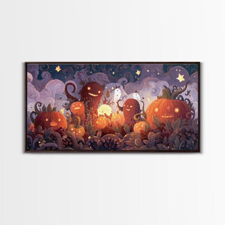 The Harvest Of The Eldritch Field, Clay Halloween Art, Wide Panoramic Art, Framed Canvas Print, Cute Halloween Wall Art