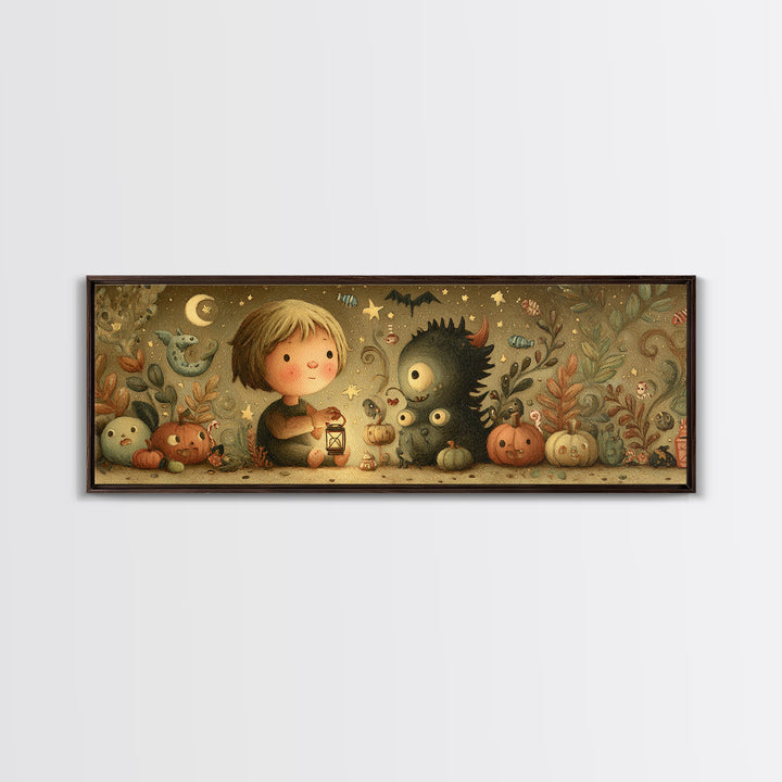 The Child Who Caught A Moon-Spawn, Plush Halloween Art, Extra Wide Wall Art, Canvas Print, Cute Halloween Wall Art