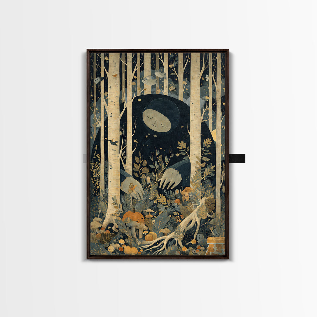 The Sleeper In The Birch Grove, Retro Halloween Art, Vertical Wall Art, Canvas Print, Cute Halloween Wall Art