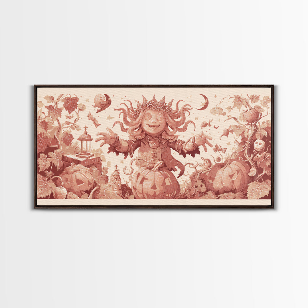 The Crown Of The Tentacled Saint, Linocut Halloween Art, Wide Panoramic Art, Framed Canvas Print, Cute Halloween Wall Art