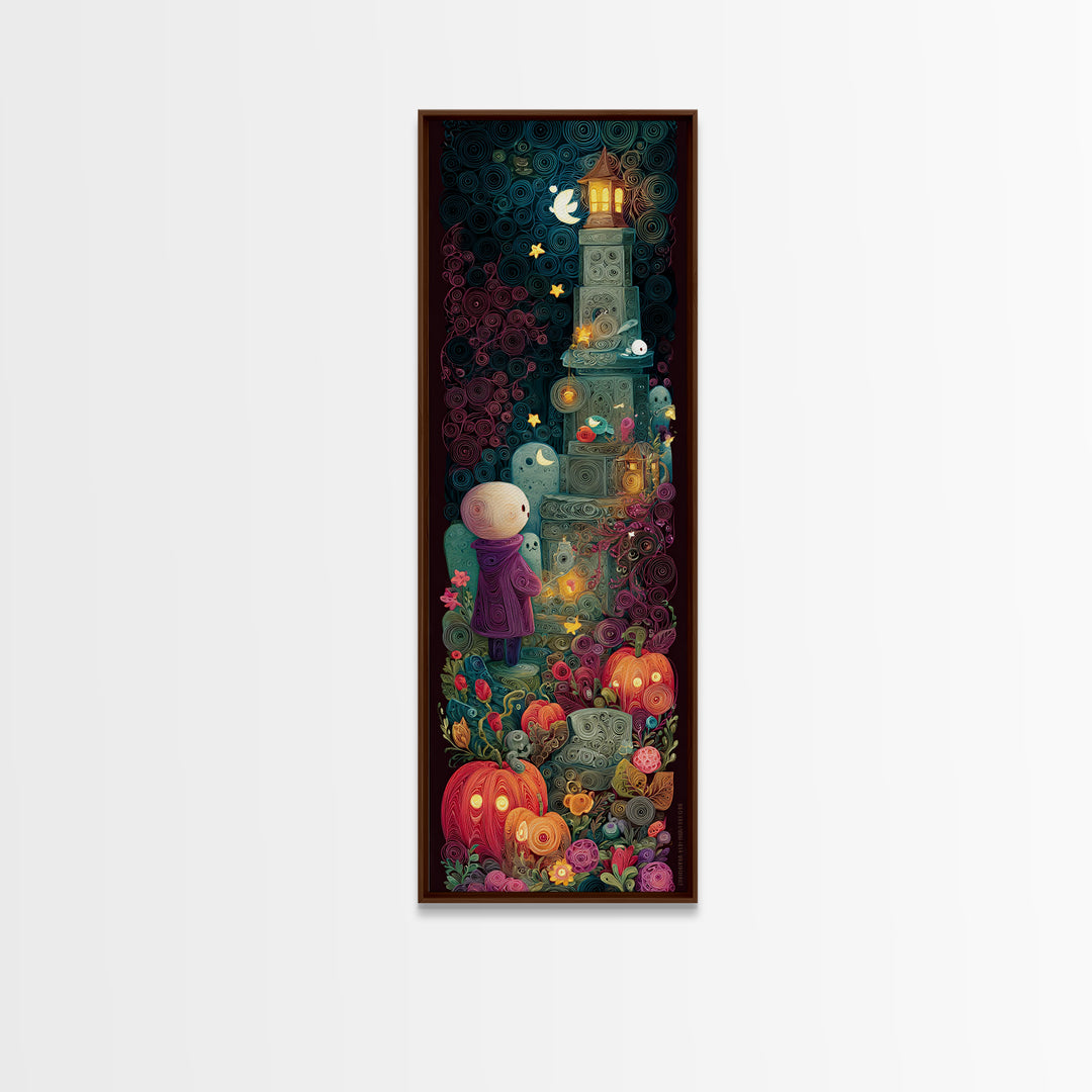 The Grave Gardener Of Yuggoth, Quilled Halloween Art, Tall Narrow Wall Art, Framed Canvas Print, Cute Halloween Wall Art